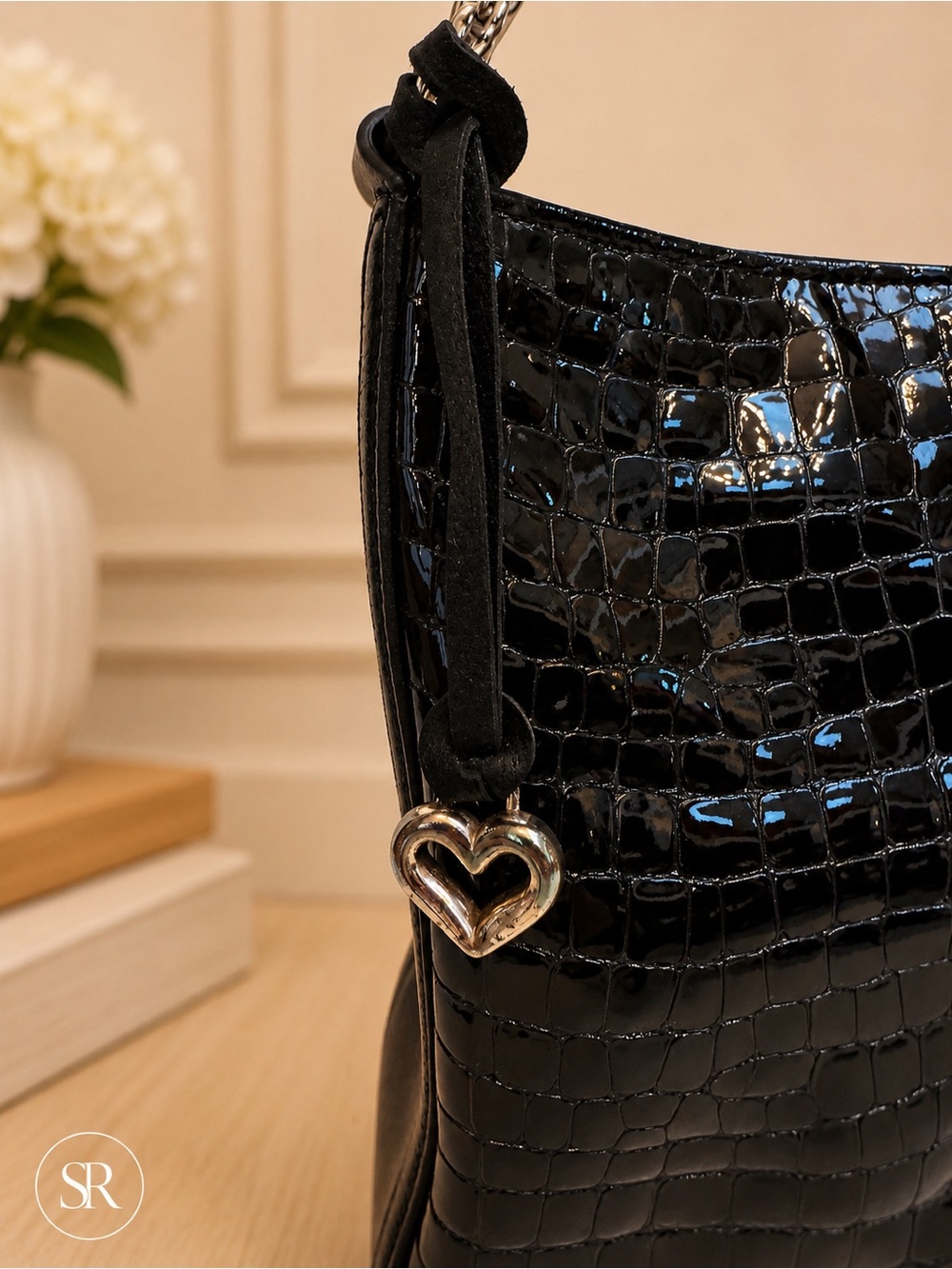 Brighton Cher Black Patent Croc Embossed Leather Hobo Shoulder Bag Heart Charm - Picture 2 of 14